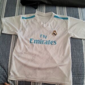 White and Light Blue Kids Soccer Ronaldo#7 Jersey with Fly Emirates Logo